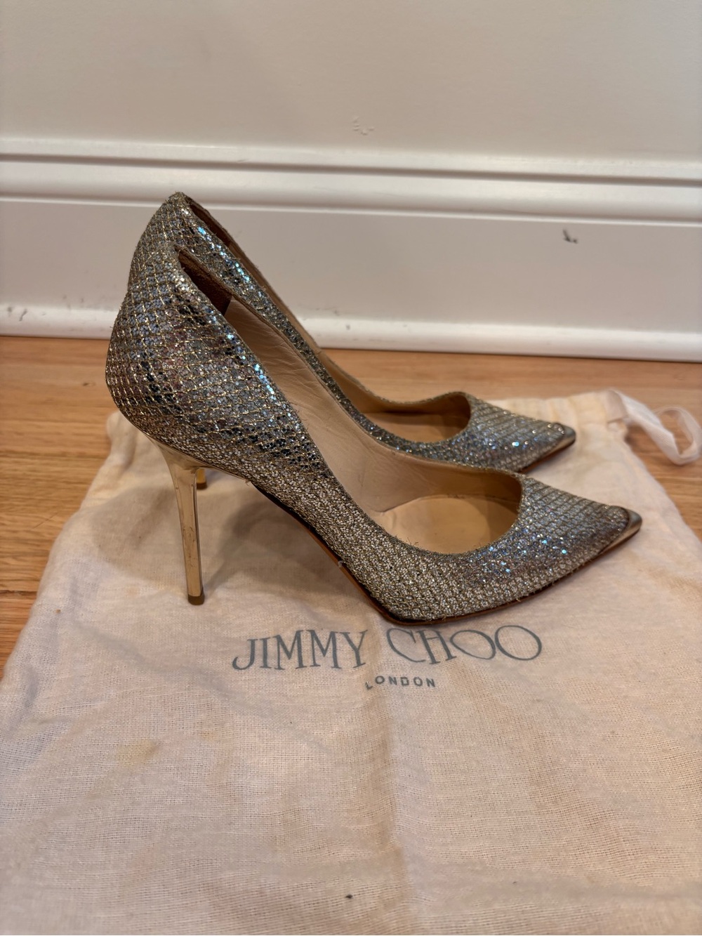 Jimmy Choo 100mm Abel Glitter Pointed Toe Pumps Heels Gold/Silver Champagne sz38 - Picture 2 of 13